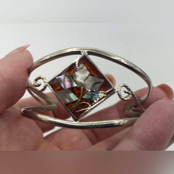 Mexican Silver-tone Abalone Shell Scrolled Rope Split Cuff Bracelet - Picture 3 of 7